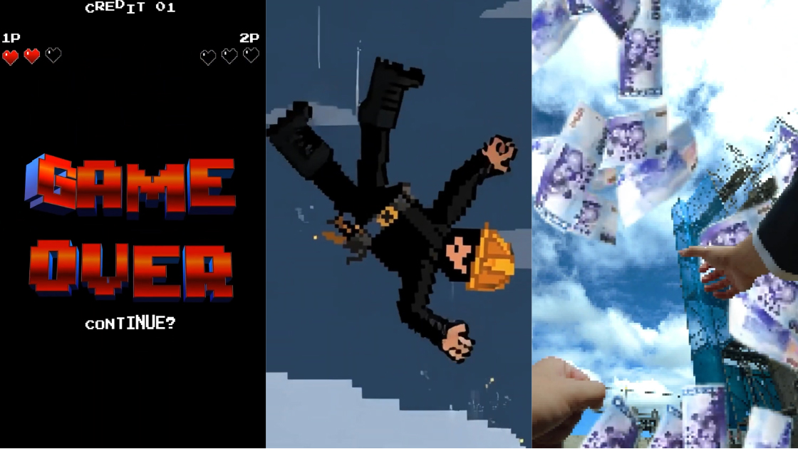 掌握短影音趨勢，團隊製作直式前導片呈現「Bad Ending」。圖為勞動部職安署影片中，模擬職災發生導致的「Game Over」像素動畫，以強烈視覺衝擊引發觀眾懸念。